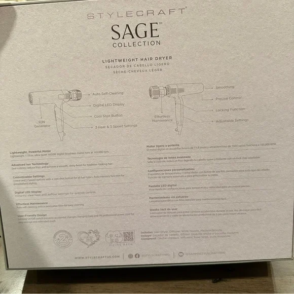 NEW StyleCraft Sage Collection Hair Dryer Brushless Motor with attachments #TA2 - Picture 3 of 11